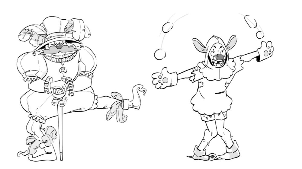 Image ID: Digital lineart on a white background, featuring two types of clown designs. One is wearing big, overly detailed clothes, cluttered with feathers, collars and bells. The other is more akin to a traditional jester, goofy and simpler silhouette.