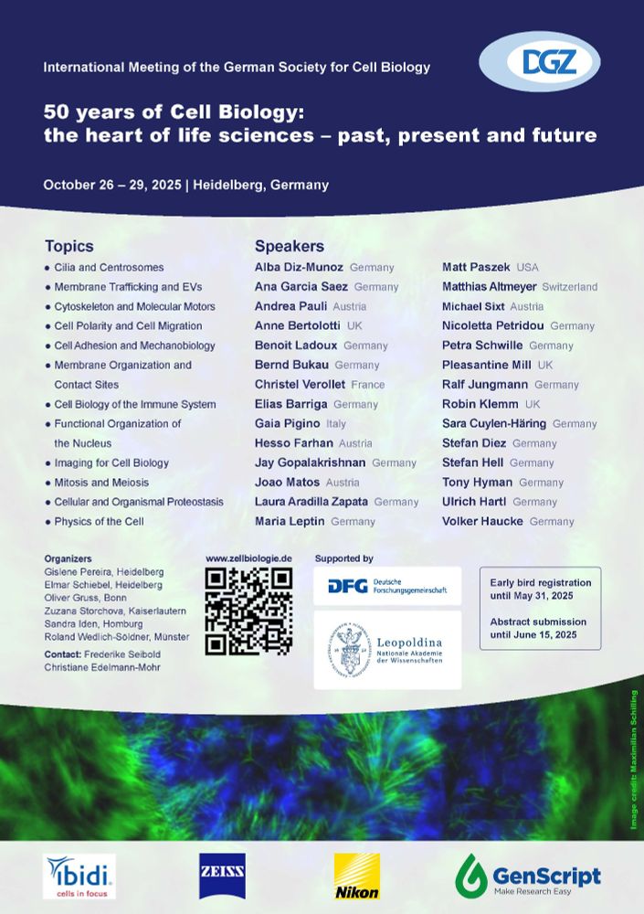 Flyer of the international meeting of the German society for Cell Biology in Heidelberg Oct 26-29 with all topics and speakers listed. 