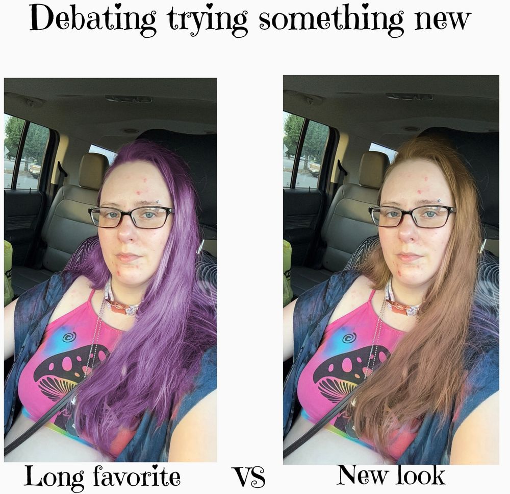 Side-by-side comparison photo with the text at the top reading “Debating trying something new.” On the left is a version labeled “Long favorite,” showing a person with long, vibrant purple hair. On the right is a version labeled “New look,” showing the same person with long light brown hair. They are sitting in the passenger seat of a car, wearing glasses, a choker, layered necklaces, a rainbow tie-dye style halter top with a large mushroom design, and a dark open cover-up. The photo is meant to show the difference between their current purple hair color and the possible new natural brown shade.