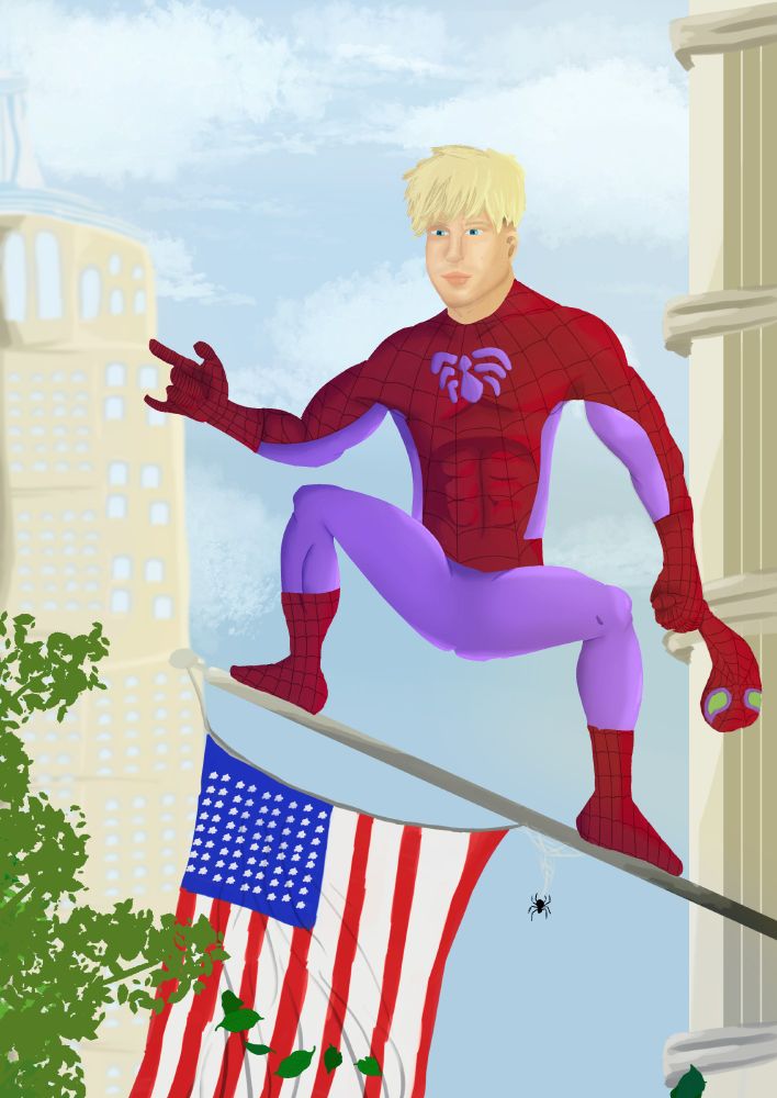 Spider-Man unmasked perched atop an American flag. There's two buildings in the background and a tree in the foreground with leaves.
A spider is dangling off the flag.