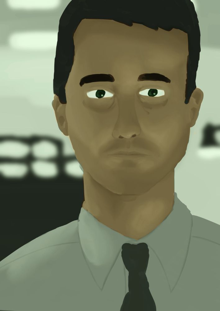 the Narrator from Fight Club in an office building looking at the camera.