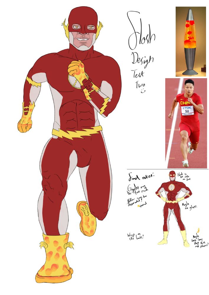 my version of the flash from DC on the left. on the right are references: a lava lamp; an athlete; my notes from brainstorming sessions.
it says "Flash design test two" at the top, the bottom are my notes and even I can't read them sorry