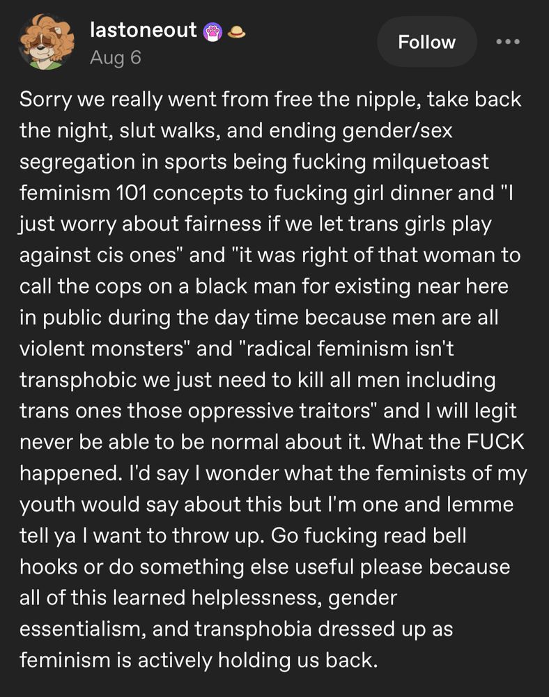 Sorry we really went from free the nipple, take back the night, slut walks, and ending gender/sex segregation in sports being fucking milquetoast feminism 101 concepts to fucking girl dinner and "I just worry about fairness if we let trans girls play against cis ones" and "it was right of that woman to call the cops on a black man for existing near here in public during the day time because men are all violent monsters" and "radical feminism isn't transphobic we just need to kill all men including trans ones those oppressive traitors" and I will legit never be able to be normal about it. What the FUCK happened. I'd say I wonder what the feminists of my youth would say about this but I'm one and lemme tell ya I want to throw up. Go fucking read bell hooks or do something else useful please because all of this learned helplessness, gender essentialism, and transphobia dressed up as feminism is actively holding us back. 
