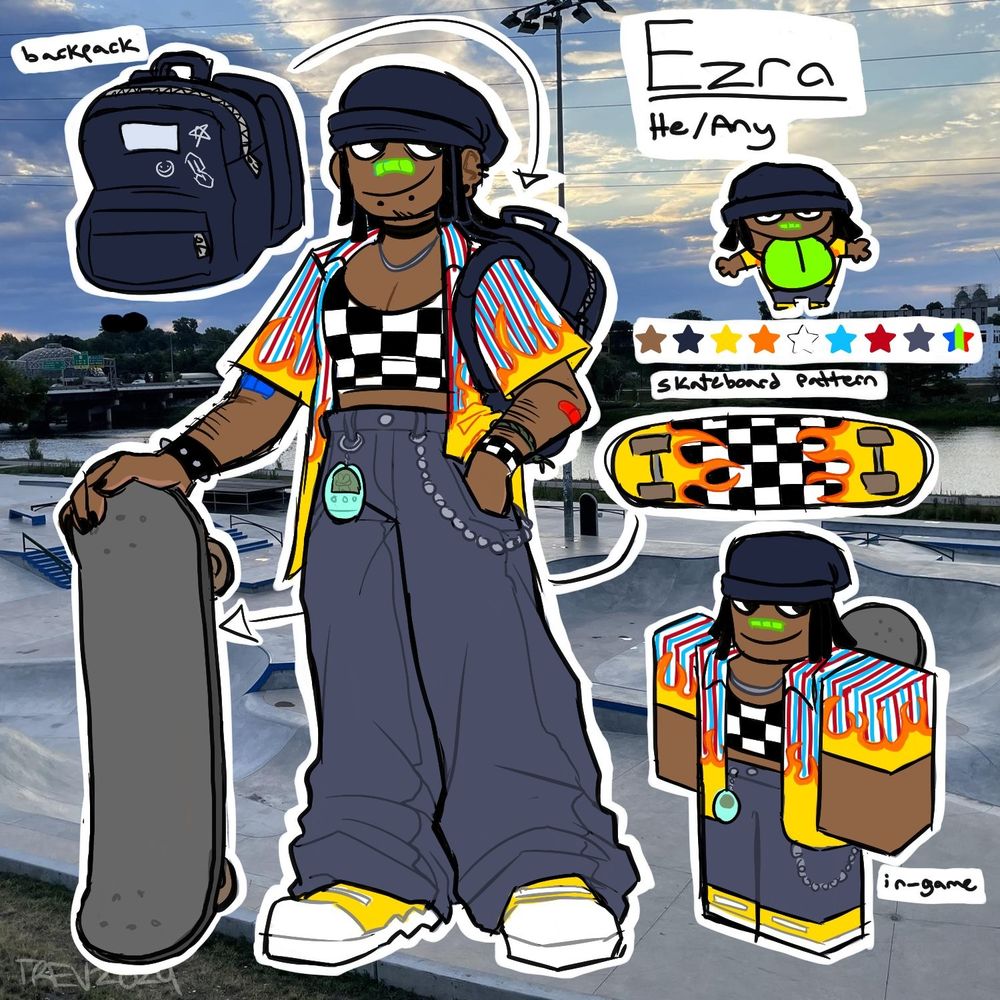 a digital drawing of a regretevator oc named ezra. its a full-body reference of him standing and holding a skateboard. it also includes a roblox model version and a small doodle of him with his tongue out.