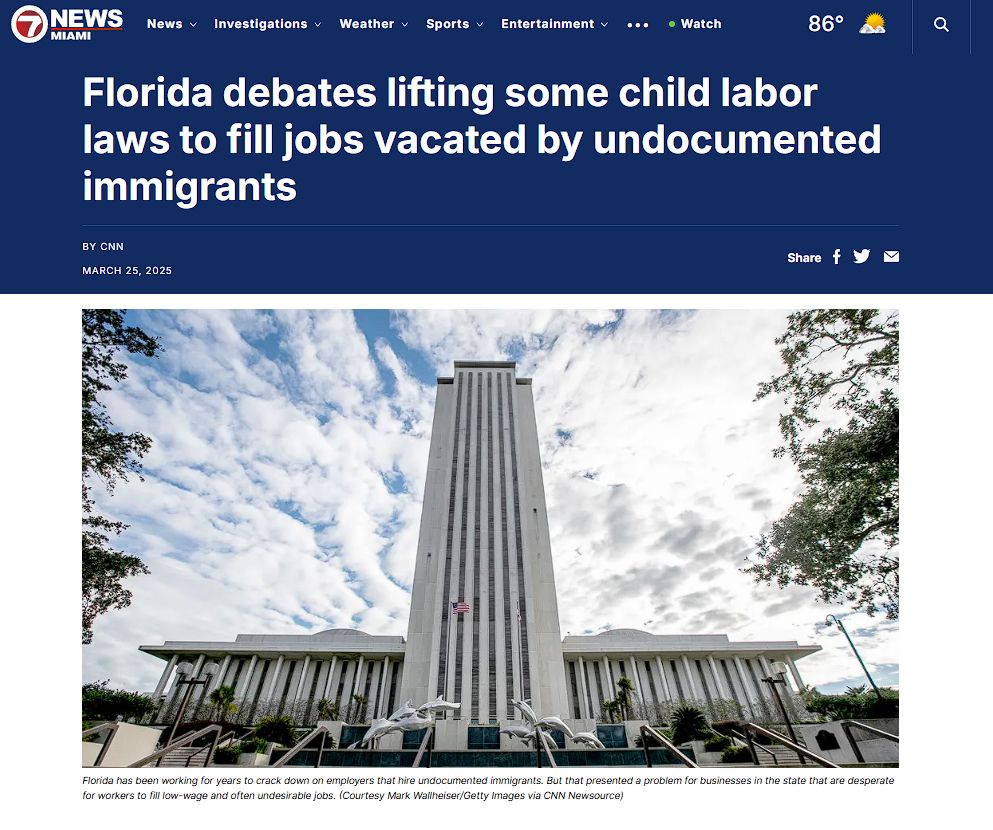 News title redas: Florida debates lifting some child labor laws to fill jobs vacated by undocumented immigrants
