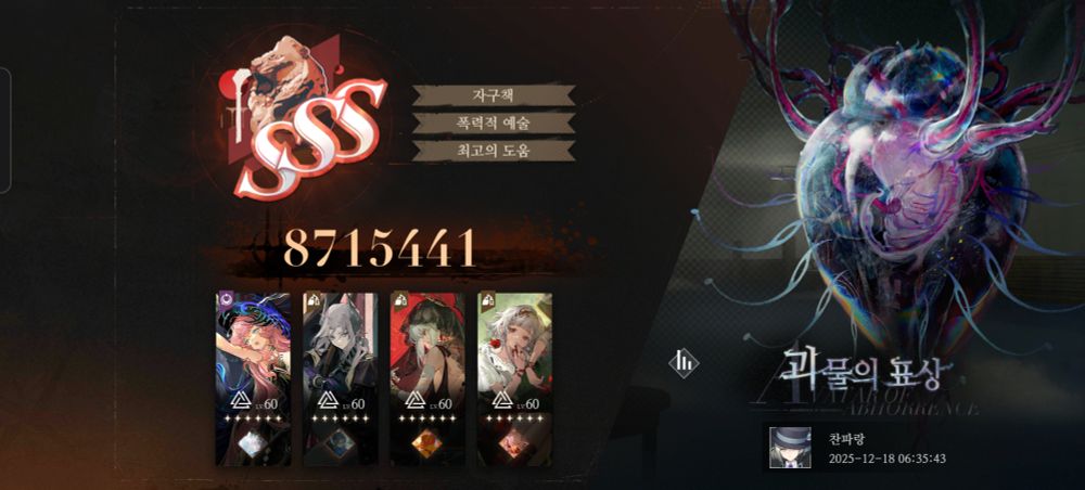 모바일 게임 리버스: 1999 고난이도 컨텐츠 갈기의 게시판 결과창. 괴물의 표상 8,715,441점 공략.