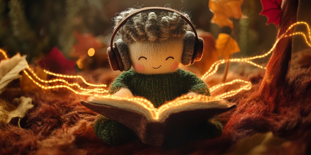A figure made of yarn and fabrics happily reads a book, from which threads of light are emanating across a reddish landscape of fabrics.