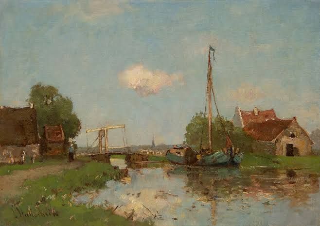 River view with houses and a moored barge, oil on canvas 25.5 x 35.5 cm, signed l.l. te koop bij Kunsthandel Simonis & Buunk