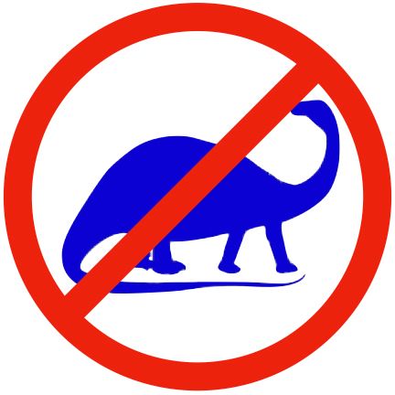 Blue brontosaurus with a red circle and slash across the dinosaur. 