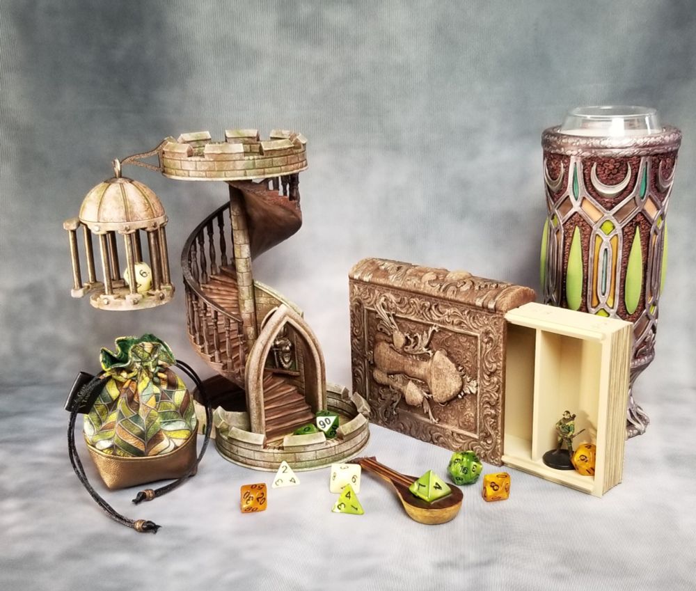 Staircase Dice tower, Mushroom Tone of secrets, Elf Mythic mug can holder, dice bag and lute all done in shades of green, brown, copper and bronze. 