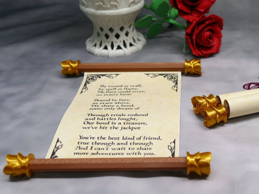 Fantasy valentines/galentines scroll unfurled to show BFF poem. 