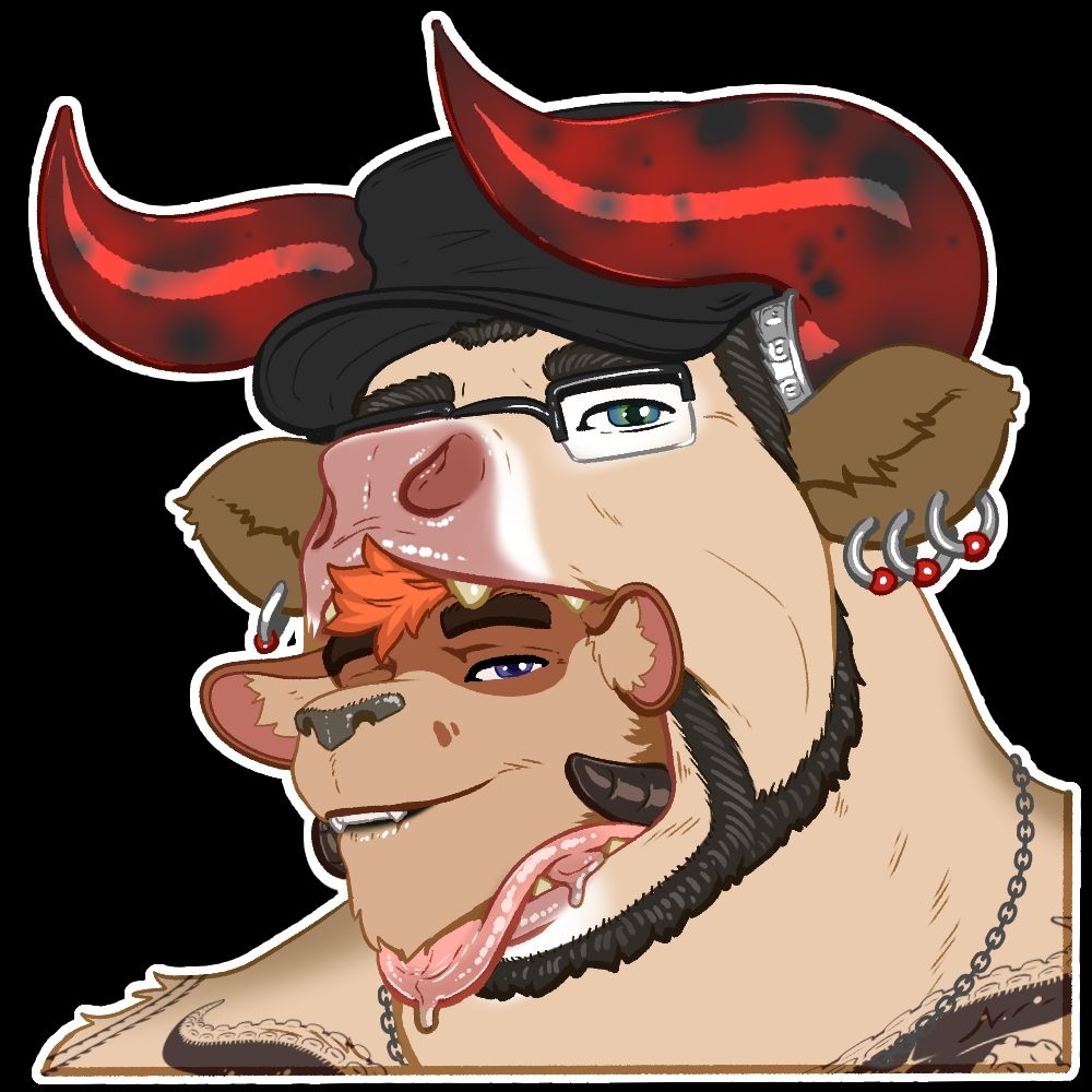 A close-up of a sticker that shows myself with a bulging gullet and a maw full of Cooper's head. He looks pretty happy to be on the cusp of getting swallowed completely.