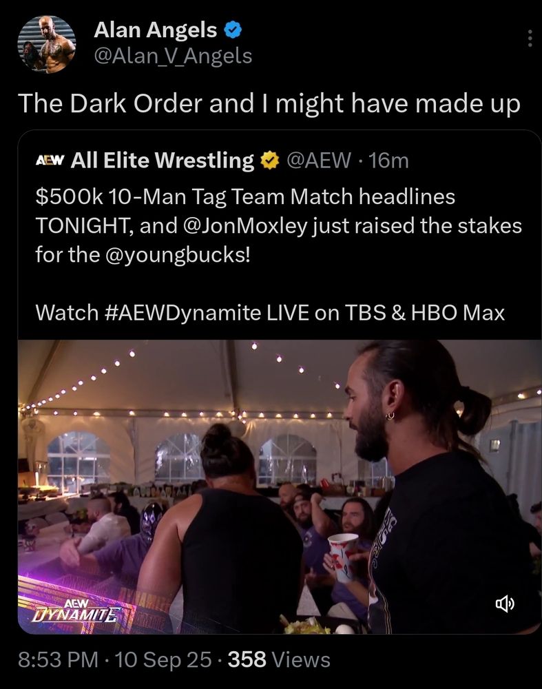 An image of Alan Angels quote tweeting with him saying "The Dark Order and I might have made up"