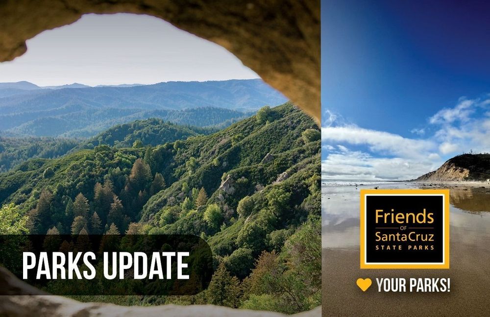 "Parks Update" Over an image of rolling hills and a mirror-like plain of wet sand