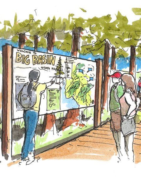 An illustration of parks visitors looking at a Big Basin Sign