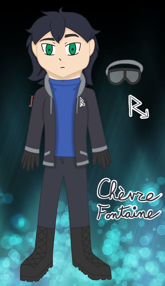 Full-body art of a young man with purplish-black hair. He wears a blue turtleneck, a dark purple hoodie with gray accents, dark purple pants, black combat boots, and black gloves. Next to him is a design for a pair of black and gray goggles, and a logo that also appears on the right side of his jacket (his left). His name, Chèvre Fontaine, is doodled near the bottom right.

Also, old art. I initially drew this a WHILE back.