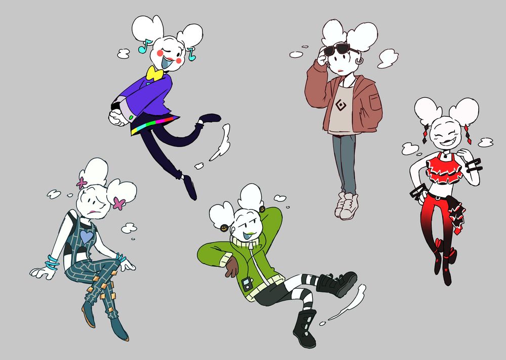 Float the cloud lady is wear four different outfits referencing Hatsune Miku and one outfit Jojos Bizarre Adventure. Static Miku, Sand Planet Miku, Matryoshka Miku, Two Breaths Walking Miku, and Jolyne Cujoh.