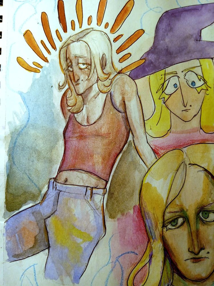 A sketchbook spread of my original character, Sal. On the left, they're sitting wearing a pink cropped tank top and blue pants. On the top right, a cartoony portrait of them wearing a purple witch hat. On the bottom right, a more realistic portrait. Sal is pale skinned, blue eyed, and has straight blonde hair.