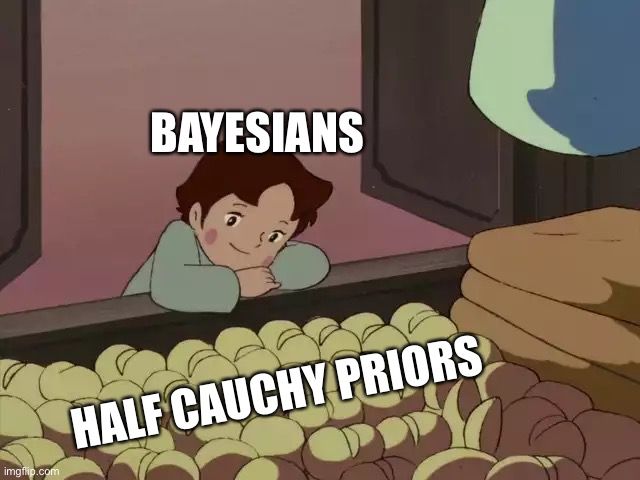 A cartoon child labeled “bayesians“ staring longingly at some bread labeled “half Cauchy priors”