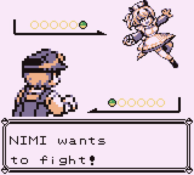 Pixel art image in the style of Pokemon Red/Blue of Nimi Nightmare challenging you to a Pokemon battle.