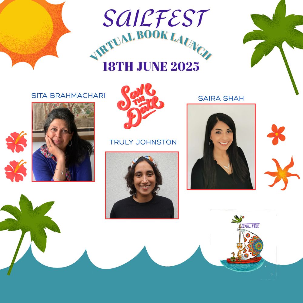 Graphic with photographs of three authors: Sita Brahmachari, truly Johnston and Saira Shah.