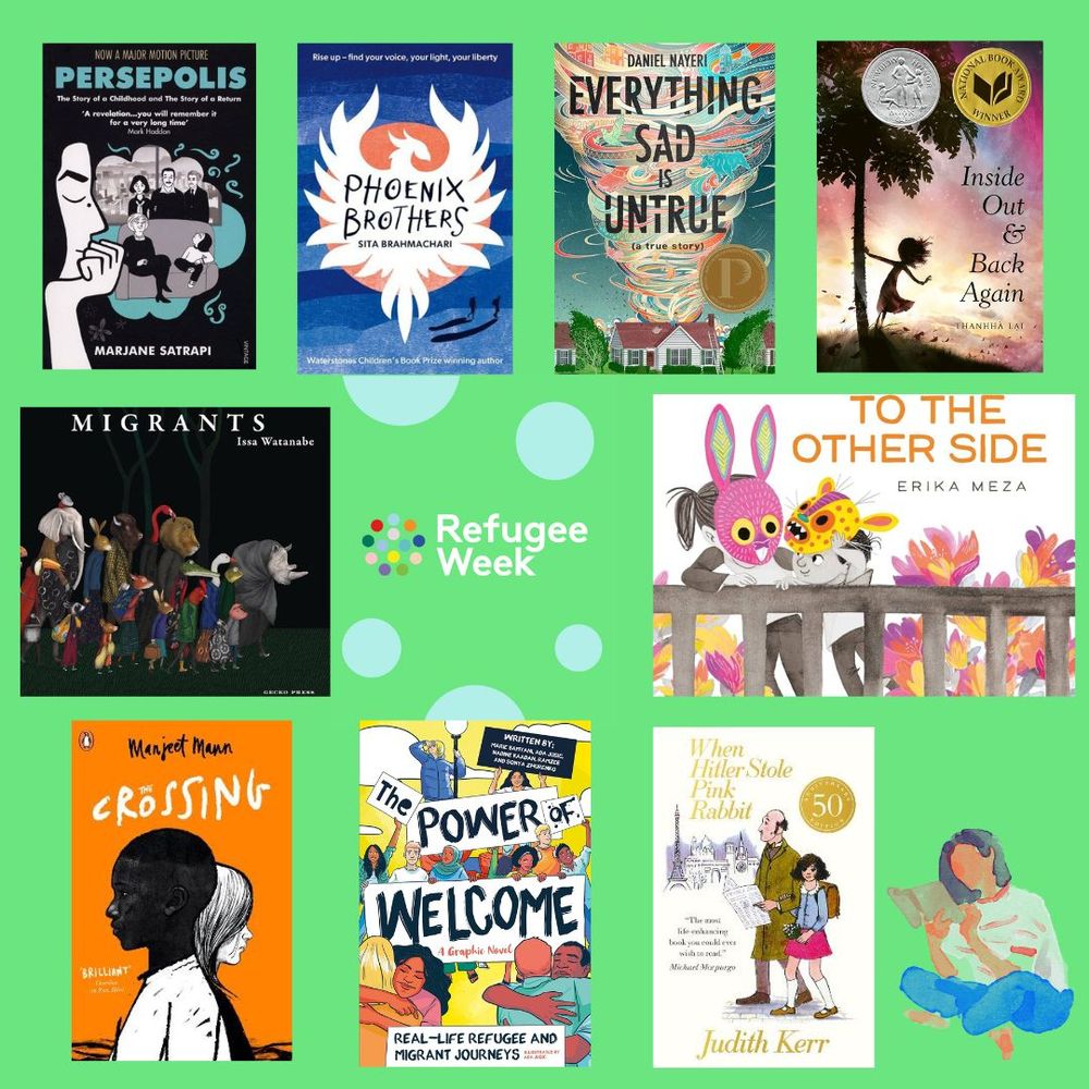 Graphic with Refugee Week books for kids and teens: Persepolis, Phoenix Brothers, Everything Sad is Untrue, inside Out and Back Again, Migrants, to The Other Side, The Crossing, The Power of Welcome, When Hitler Stole Pink Rabbit