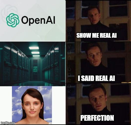 Meme:

OpenAI - Show me real AI
Picture of server room - I said real AI
Picture of Eviebot - Perfection