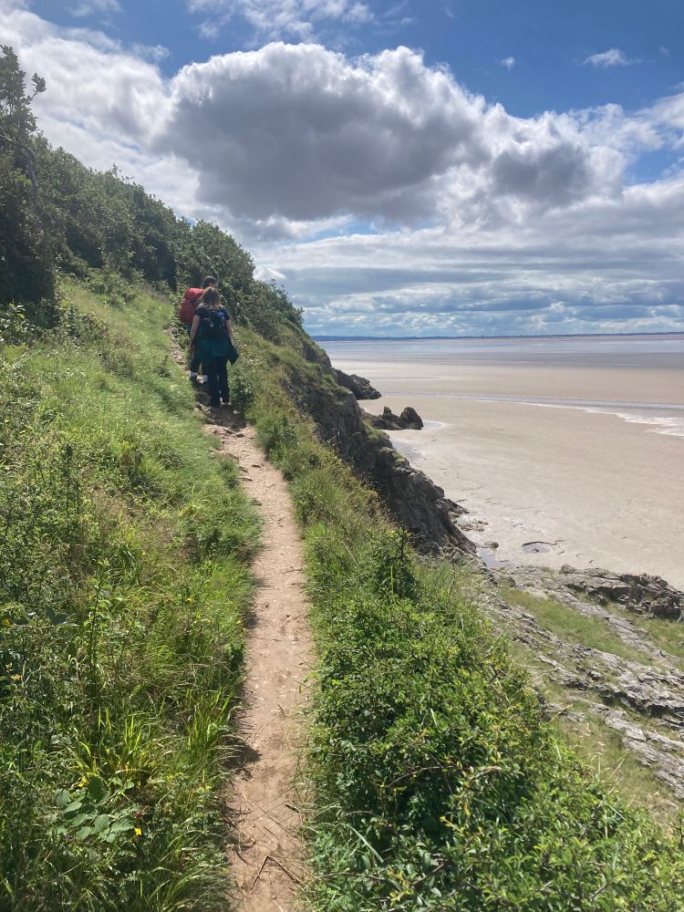 A group of people walk along a wooded and grassed clifftop path above golden sands