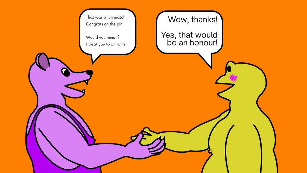 Vector drawing. A purple rat in a purple singlet says "That was a fun match! Congrats on the pin. |Would you mind if I treat you to din·din?" while reaching his hand out. The yellow frog, blushing, says, "Wow, thanks! | Yes, that would be an honour!". The background is orange because it's Halloween today.