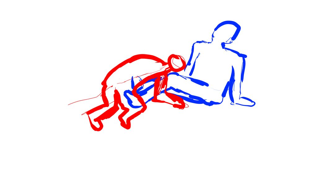 a contour line sketch of a red man pulling his head out of a blue man's legs (from a headlock)