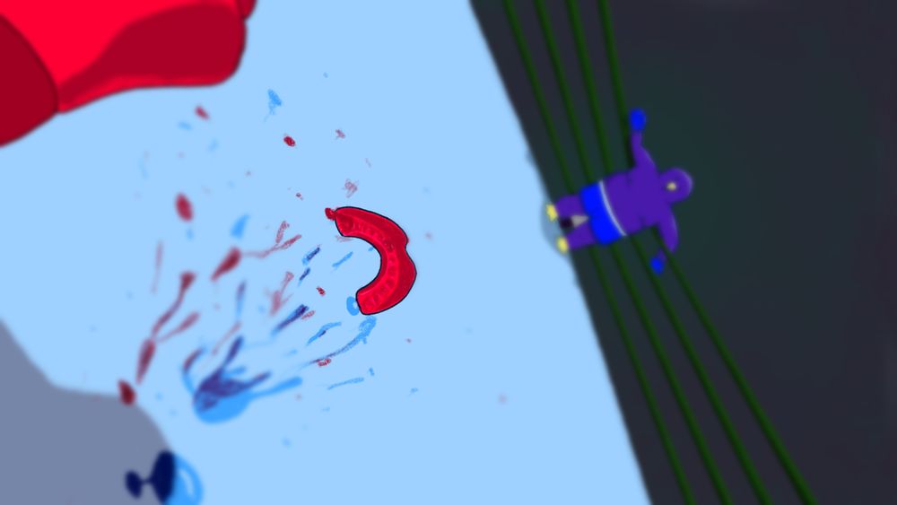 a POV of you on the side of your head of the mat, at -70degrees from normal. the only thing in focus is the slightly bloody red mouthpiece you spit out, with saliva and blood sprayed to where it landed. you can see your left red boxing glove on the top left of your view. there is a shadow at the bottom-left, as if your face is casting it. across the end of the ring, the purple penguin-bird anthro with blue gear is resting at the corner. he looks completely calm. there is no referee because the artist ran out of time.