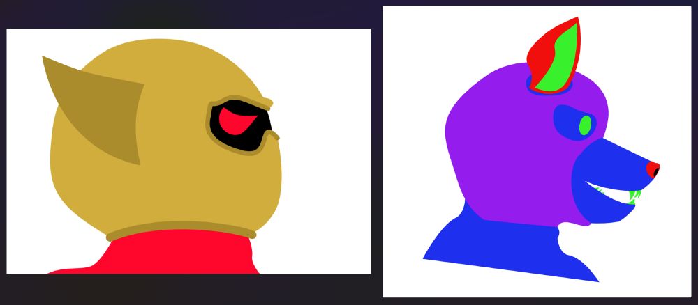 two in-progress profile drawings of two fighters facing right. the left-hand man is an undeveloped OC with an in-progress gold helmet containing a voidface and red determined eye. on the right is a anthro canine in a luchador mask, and he is in placeholder colours for shape differentiation. the artist teaches illustrator, so making this in affinity designer has some stumbling blocks.