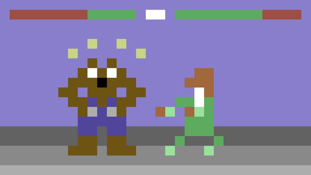32 x 18 pixel art composition with the commodore 64 colour palette. the scene depicted is in the style of a 2d side-view fighting game. on the left is Ivan the bear (cute brown bear with blue overalls) from Brutal: Paws of Fury; he is dazed, looking at the camera with wide eyes grabbing his head as to stabilise it with "birdies"/"stars" indicating his state. on his right is Kang Te Kong (handsome old man with long beard and green clothing i don't know what to call more specifically), from The Masters Fighter, in a ready fighting stance. there are health bars with arbitrary amounts of damage indicated, though it appears that Kang Te Kong is winning. please note that both games were featured in the Matt McMuscles series "The Worst Fighting Game'. the reason this alt text is so long and descriptive is because i'm waiting for my pizza to finish baking.