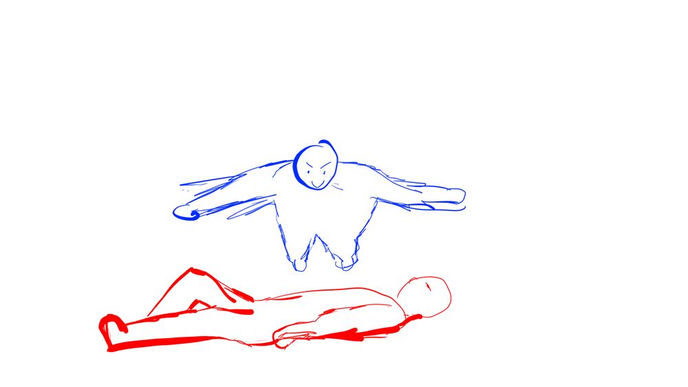 Contour line sketch of a blue man body splashing on a supine red guy.