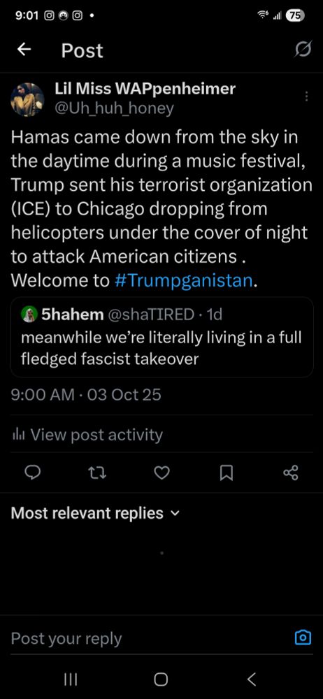 A screen capture of my twitter page, wherein I say hamas came down from the sky in the daytime.During a music festival, trump sent his terrorist organization, also known as ice to chicago, dropping down from helicopters under the cover of night to attack american citizens.Welcome to trumpganistan