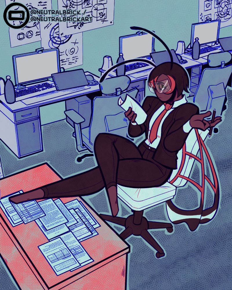 Digital Illustration of Milan from Bugtopia. She is an anthropomorphic butterfly with brown skin, straight brown hair with orange highlights, and long eyelashes. She has square glasses, a brown-black suit, and an orange tie. Milan is looking down at a piece of paper as she leans back in an office chair, feet up on her desk orange hue desk.

Her surroundings are all a blue hue, office desks lining the walls with various papers and posters on the walls.

She holds a pen between her fingers as she looks over the paper, face bored and disinterested.