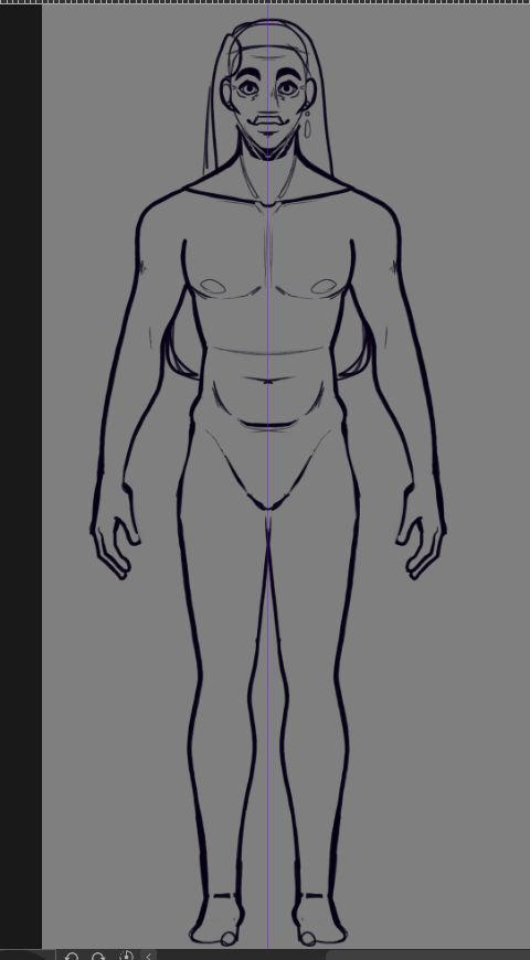 Digital sketch. Image of my OC Sung standing in the A pose. He's facing the viewer and has no clothes. He's a Korean man with high cheek bones, long straight hair, a slender build, and a friendly demeanor. He has full lips, a slight smile, and round wide eyes. Hecs older with wrinkling in his forehead and eye area.