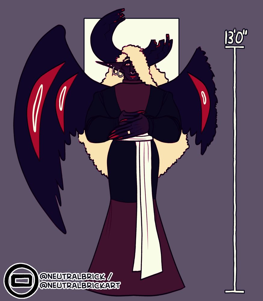 Digital Drawing. My oc Damien, a Demon. He is 13 feet tall, is curvy with broad shoulders, has dark purple skin, red nails, red eyes with white pupils, a pointed elf-like ear, large halo of dark blue horns that are cracked and disconnected on the right to reveal a red interior, long blonde curly hair that covers his right eye, dark blue wings with red eyes on them with the right wing being ripped in the middle, and elongated fingers. Damien wears a dark blue simple floor length dress with purple paneling and a white cloth belt, and piercings on his lip, noise, and ear, and has single ring on his right hand. Damien is simply standing there, smiling at the camera.