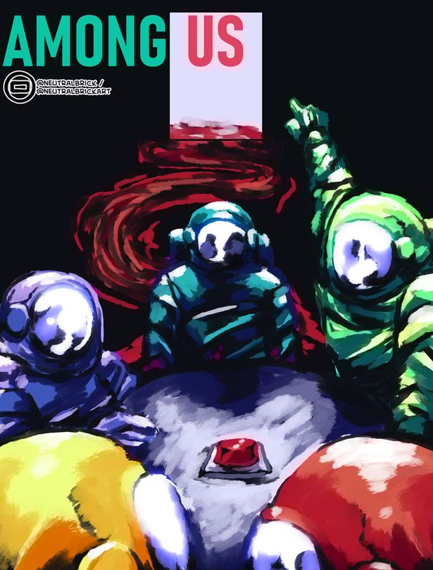 Dramatic digital painting of Among Us. It's the humanoid characters sat around a table, with Green on the right pointing to the door that has a blood trail. At the center, Teal sits, framed by the door. They have some spots of blood on them. The words "Among Us" in green then red are in the top left corner in big bold letters.