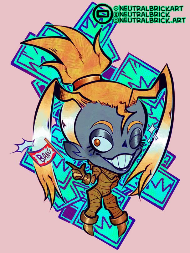 Chibi digital art of Mel from the gaslight district. She has blonde hair with 2 antenna and a short pony tail, blue skin, a brown wrapped jumpsuit, and brown boots. She is winking with a wide smile, doing a finger gun with one hand with a fake "BANG" flag coming out of her finger. The background is a pile of neon green photos and a flat color background. The background is light pink.