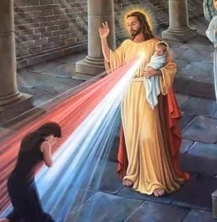 Meme image/painting. Image of Jesus holding a baby, blessing a woman who is kneeling on the ground, covering her face as Jesus bathes her in a beam of red and blue light.