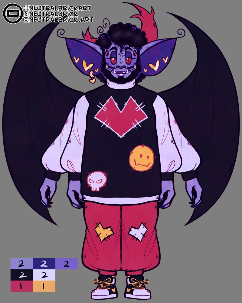 Digital drawing. Character reference. My OC Lovebites. He is a humanoid anthro bat with 4 arms, black bat wings, large bat ears, and pink horns that are like a crescent moon. He has light purple skin, shoulder lenght black curly hair, a full beard, a heart shaped nose, upturned fangs, and 4 pink eyes. He wears a color block black shirt with white sleeves and accents and then 3 patches, including a large pink hear, a skull, and a smiley face. His pants are pink with 2 hear patches on the knees, and his shoes are black with whites soles and yellow laces. He has 3 gold hear studs in each ear and one dangly earring in the left. Lovebites is face the viewer with a neutral expression.