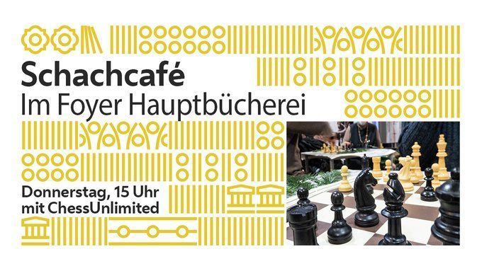 Text: Schachcafé im Foyer Hauptbücherei Donnerstag, 15 Uhr mit ChessUnlimited
Foto eines Schachbretts mit Schachfiguren