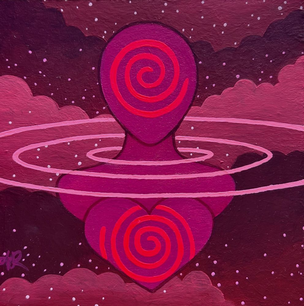 An abstract human head, neck, shoulders, and heart float in a cloudy, starry ethereal space. A bright spiral fills the shape of the head while another bright spiral, spinning in the opposite direction, fills the heart. Lighter colored rings, resembling ripples, circle the neck, creating a division between the head and the heart.  