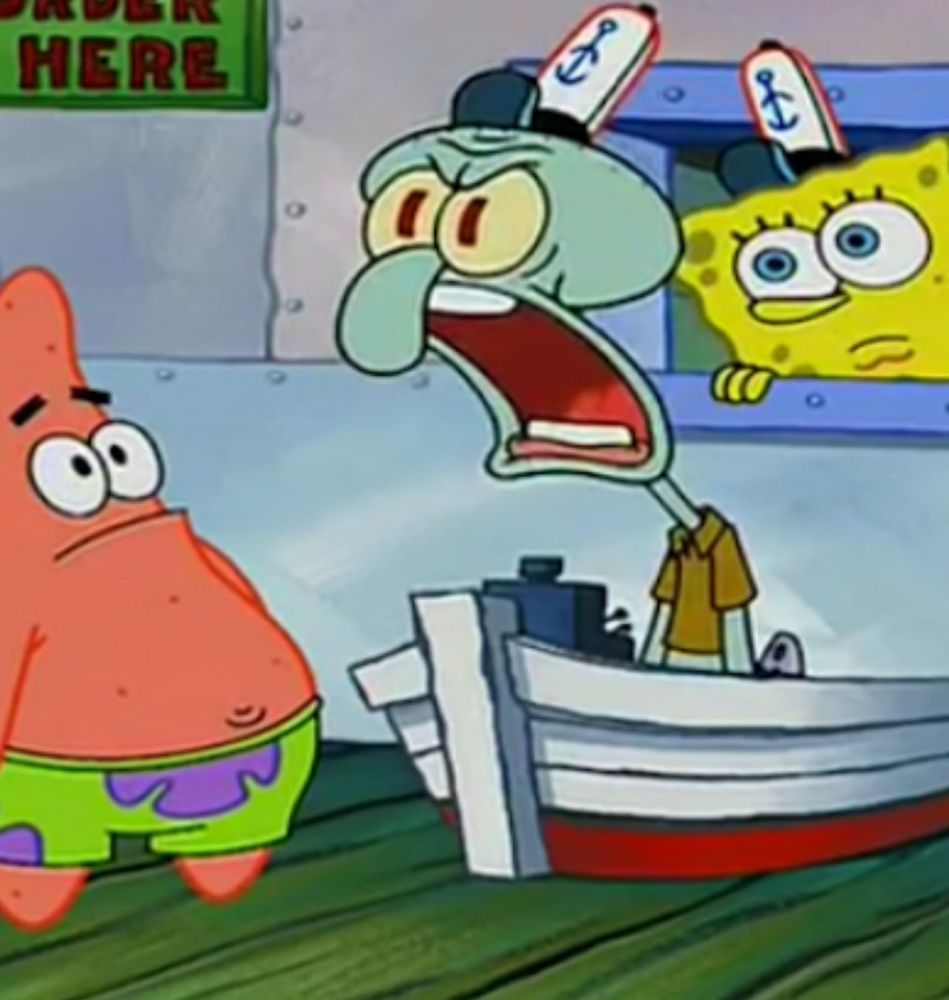 squid ward angrily yelling in the rusty krab