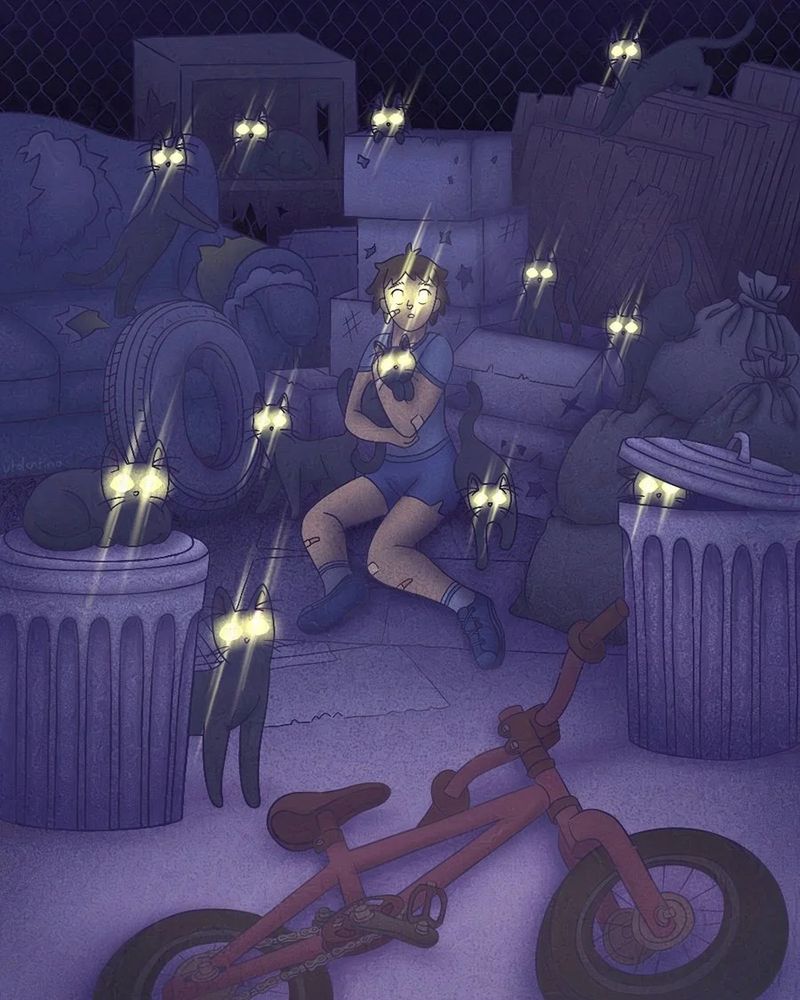 A personal illustration of a child amongst some stray black cats at a dump site in the dark. The child has dumped their bike in the foreground and is hugging one of the black cats, while many other black cats around around them poking out of and crawling among trash cans, bags, boxes, and other discarded objects. The child’s eyes and the stray cats’ eyes have an eerie glow, like a car’s headlights at night.