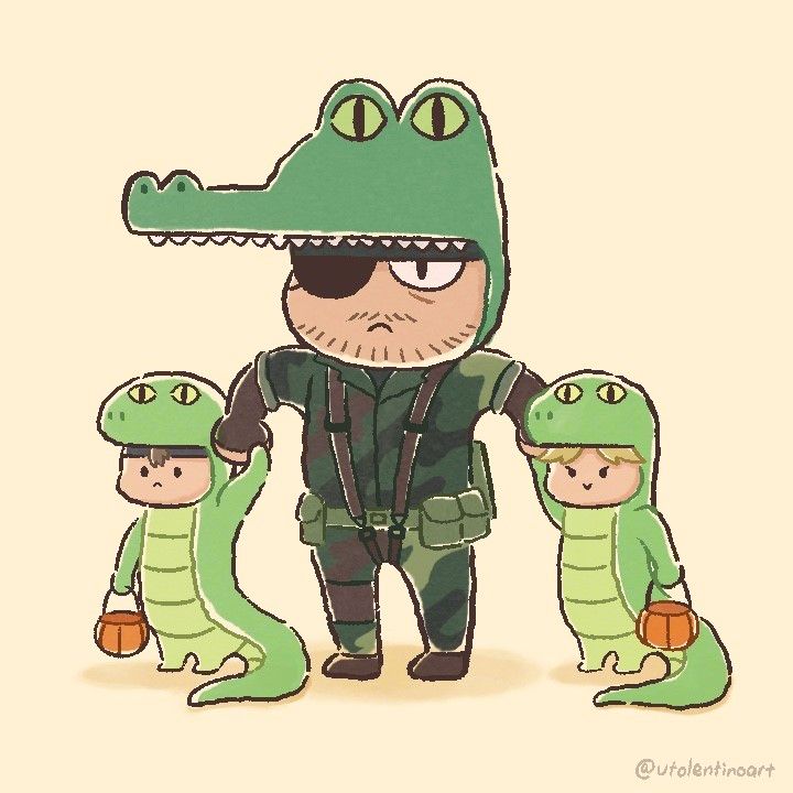 Big Boss from Metal Gear Solid is wearing his famous crocodile hat and camo fatigues. He is holding hands with his two sons, Solid Snake and Liquid Snake, who are dressed in snake onesies. They are both holding buckets for trick-or-treating and are getting ready for Halloween.