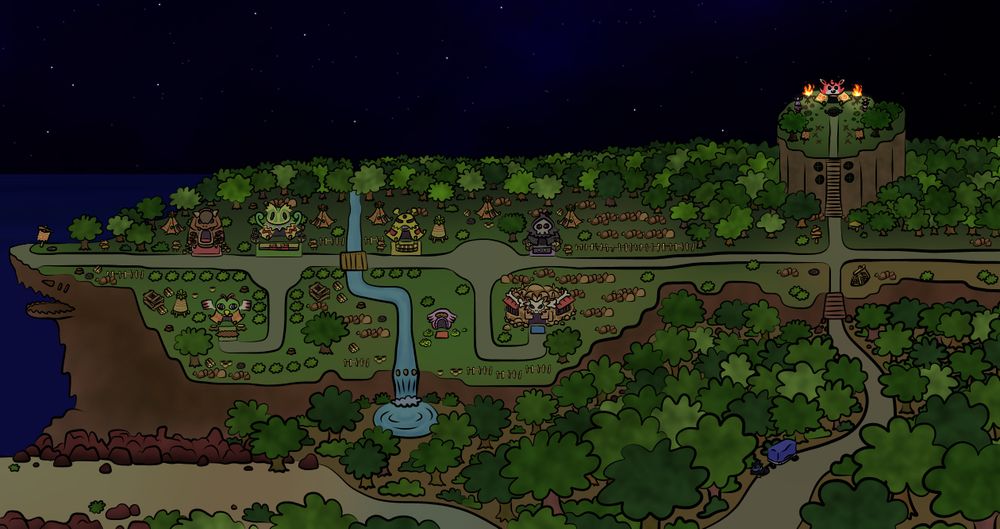 Art of Treasure Town from Pokemon Mystery Dungeon: Explorers of Sky. It is night time in the drawing.