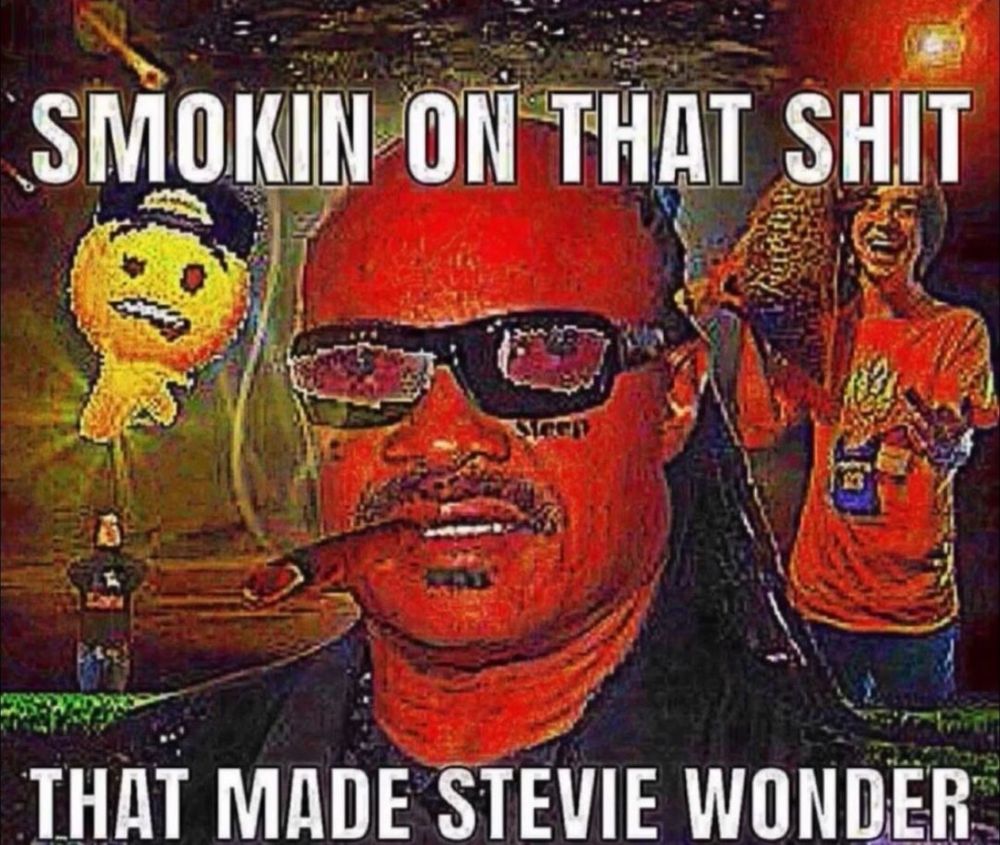 an highly edited and saturated picture of stevie wonder smoking a blunt (which is fake)