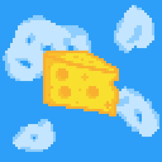 Pixel art of a slice of cheese in the sky. Despite being called "flying cheese", there is no indication that it is flying other than being in the sky. It could be falling while standing perfectly straight and no one would ever know.